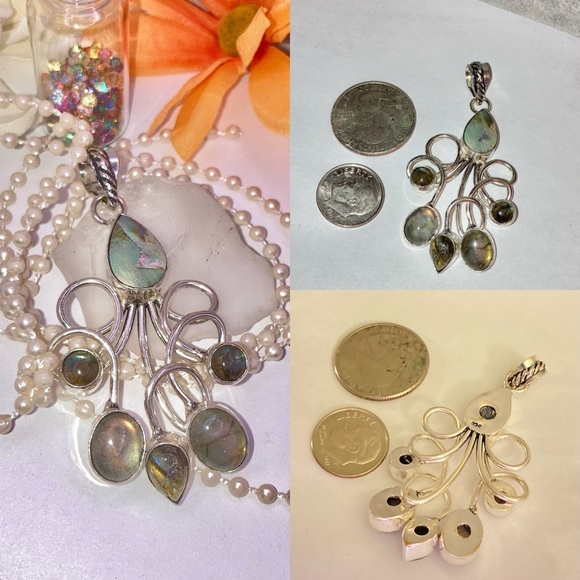 Abalone Shell & Labradorite Twisted Tassel Multi Gemstone Drop Handmade Pendant - Picture 5 of 5